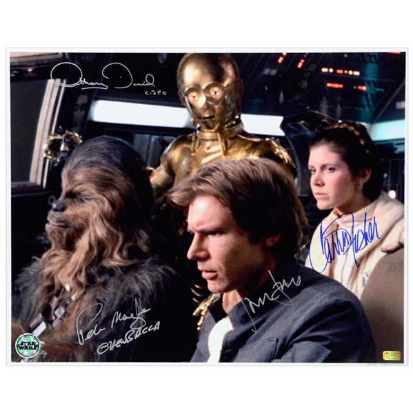 Harrison Ford, Carrie Fisher, Peter Mayhew and Anthony Daniels Autographed Star Wars: The Empire Strikes Back 16×20 Millennium Falcon Cockpit Photo