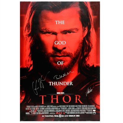 Chris Hemsworth, Tom Hiddleston and Stan Lee Autographed 27x40 Thor Original Poster