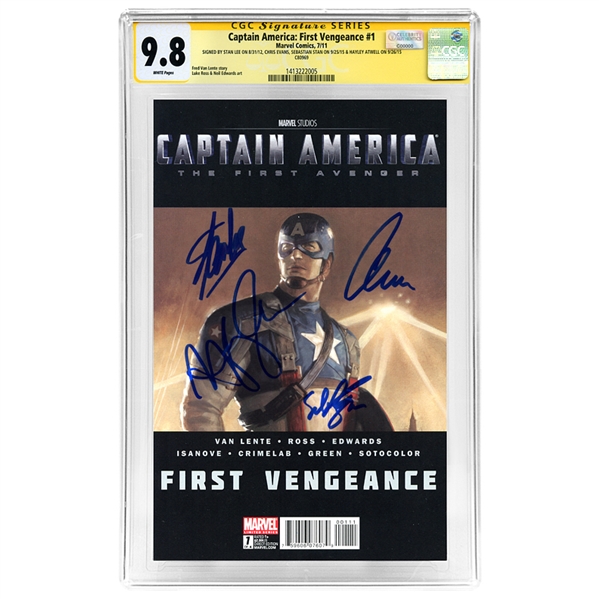Chris Evans , Sebastian Stan, Hayley Atwell and Stan Lee Autographed CGC SS Signature Series 9.8 Captain America The First Avenger First Vengeance #1 Comic