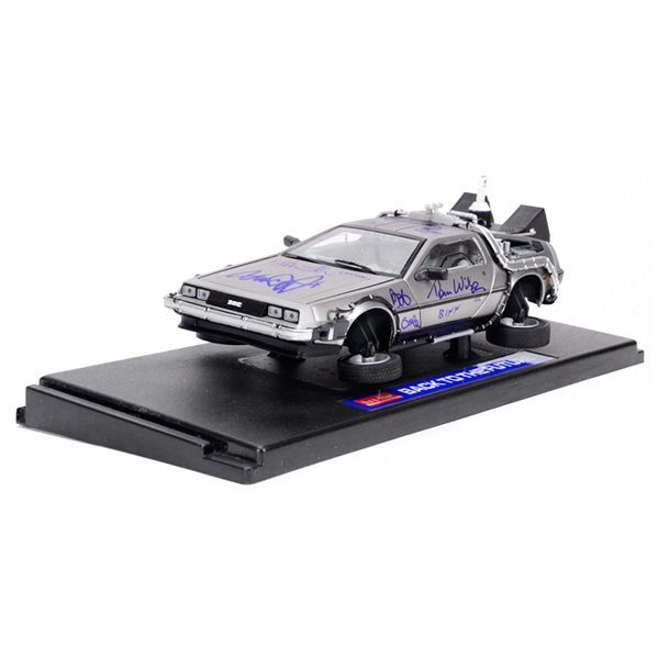 Michael J. Fox, Christopher Lloyd, Thomas Wilson, Lea Thompson, Claudia Wells and Bob Gale Autographed Back to the Future 1:18 Scale Die-Cast Flying DeLorean