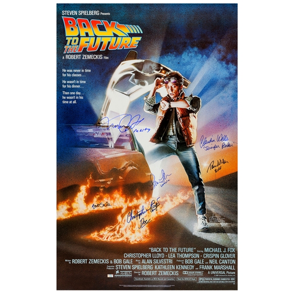Michael J. Fox, Christopher Lloyd, Thomas Wilson, Lea Thompson, Claudia Wells, Bob Gale Autographed Back to the Future 27x39 Single-Sided Movie Poster