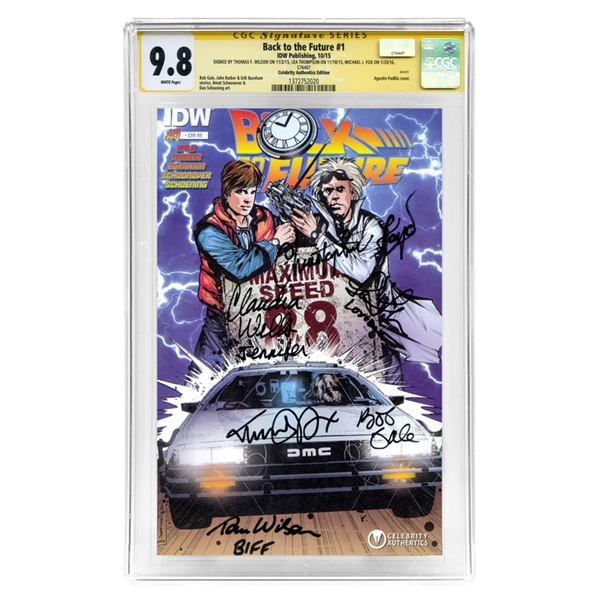 Michael J. Fox, Christopher Lloyd, Tom Wilson, Lea Thompson, Claudia Wells and Bob Gale Autographed Back to the Future #1 with CA Exclusive Cover CGC SS 9.8 (mint)