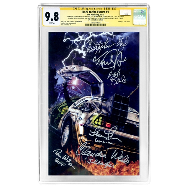 Michael J. Fox, Christopher Lloyd, Thomas Wilson, Lea Thompson, Claudia Wells and Bob Gale Autographed 2015 Back to the Future #1 CGC SS 9.8 with JJ Comics Exclusive Kern Variant Cover