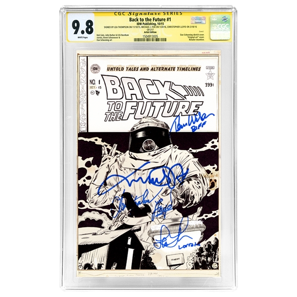 Michael J. Fox, Christopher Lloyd, Lea Thompson and Thomas Wilson Autographed Back to the Future #1 CGC SS 9.8 Artist Edition Schoening Cover
