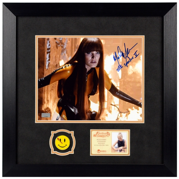 Malin Akerman Autographed Watchmen Silk Spectre 8x10 Photo Framed With Smiley Face Pin