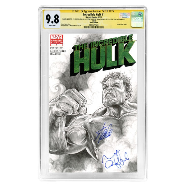 Stan Lee, Mark Ruffalo Autographed 2011 Incredible Hulk #1 with Original Cover Drawing by Corbyn Kern CGC SS 9.8 (mint)