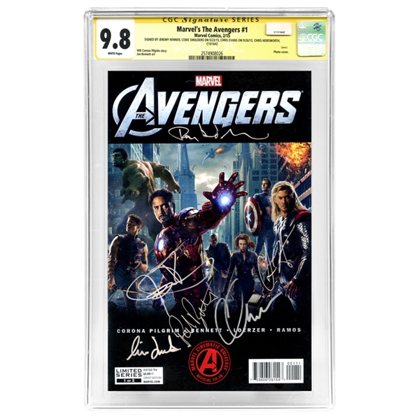 Chris Evans, Chris Hemsworth, Tom Hiddleston, Jeremy Renner, Paul Bettany, Cobie Smulders Autographed 2015 Marvels The Avengers #1 Movie Photo Variant Cover CGC SS 9.8 (mint)