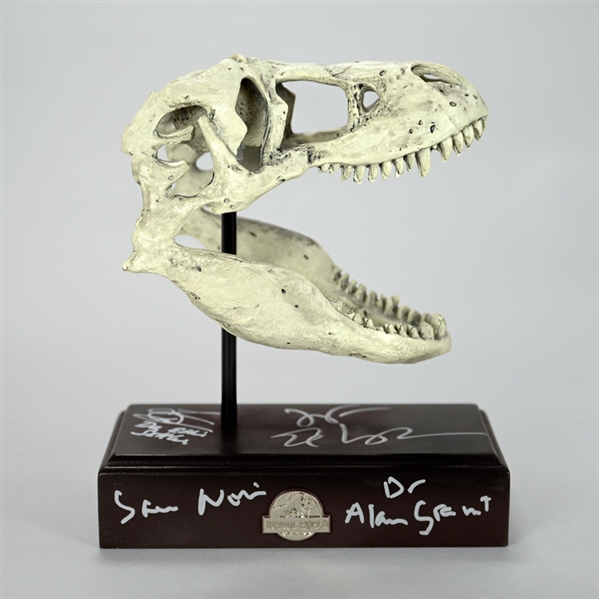 Laura Dern, Jeff Goldblum, Sam Neill Autographed 1993 Jurassic Park T-Rex Resin Replica Skull with Inscriptions