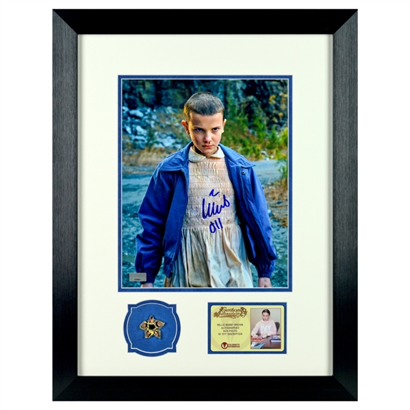 Millie Bobby Brown Autographed Stranger Things 8x10 Photo Framed Display with Collector Pin