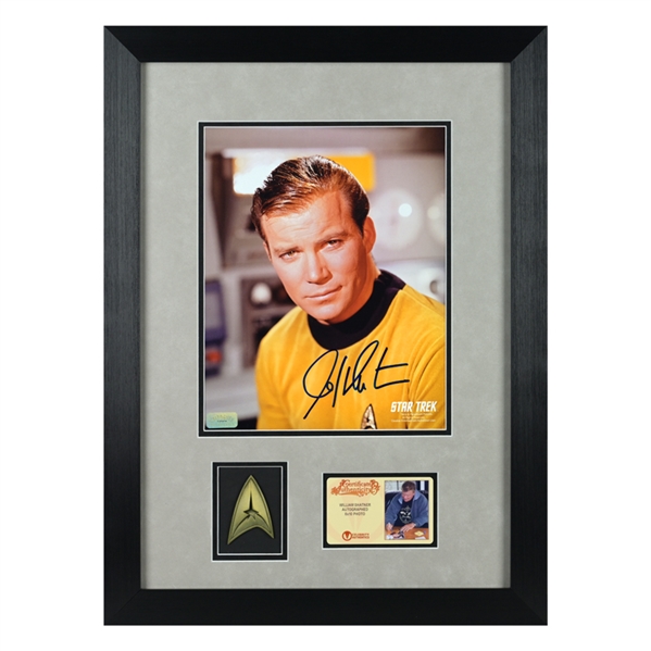 William Shatner Autographed Star Trek Captain Kirk 8x10 Photo Framed Display with Collector Pin
