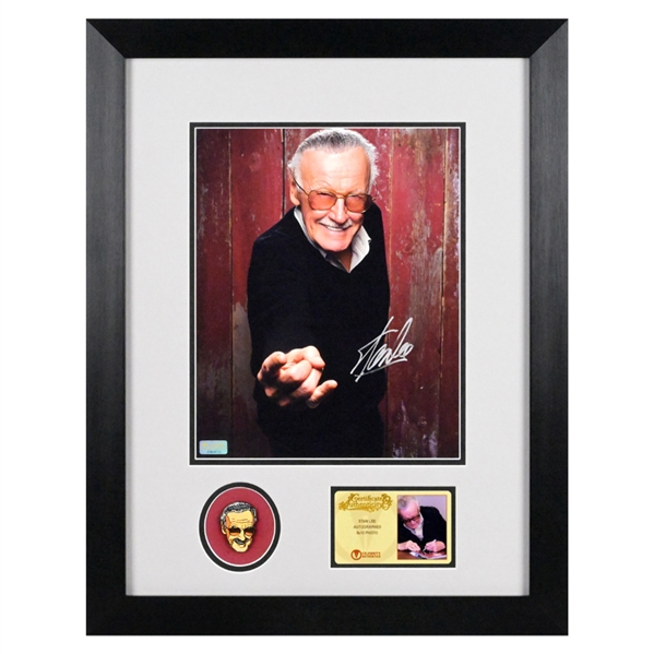 Stan Lee Autographed 8x10 Photo Framed Display with Collector Pin