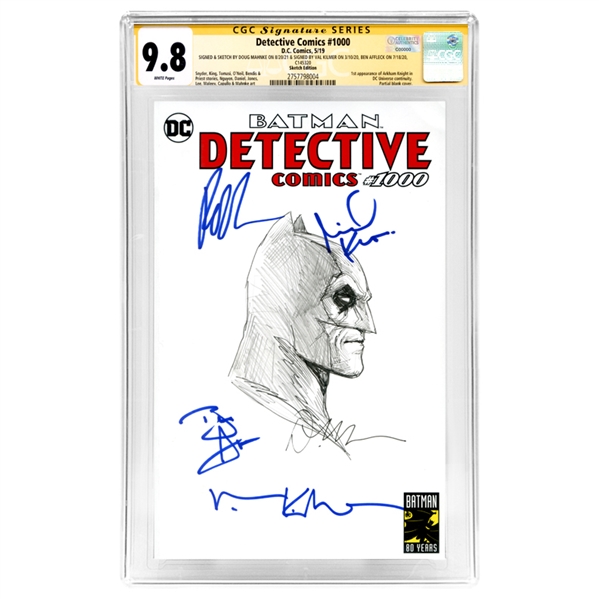 Michael Keaton, Ben Affleck, Robert Pattinson, Val Kilmer Autographed 2016 Detective Comics #1000 with Doug Mahnke Original Batman Sketch CGC SS 9.8