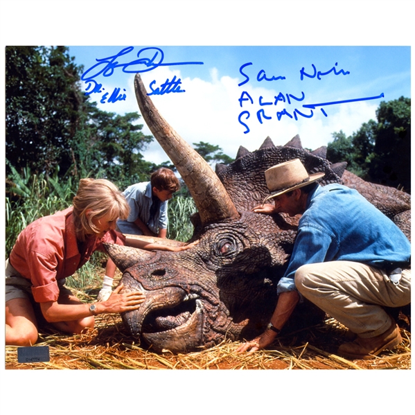 Laura Dern, Sam Neill Autographed 1993 Jurassic Park Triceratop Rescue 8x10 Photo with Inscriptions