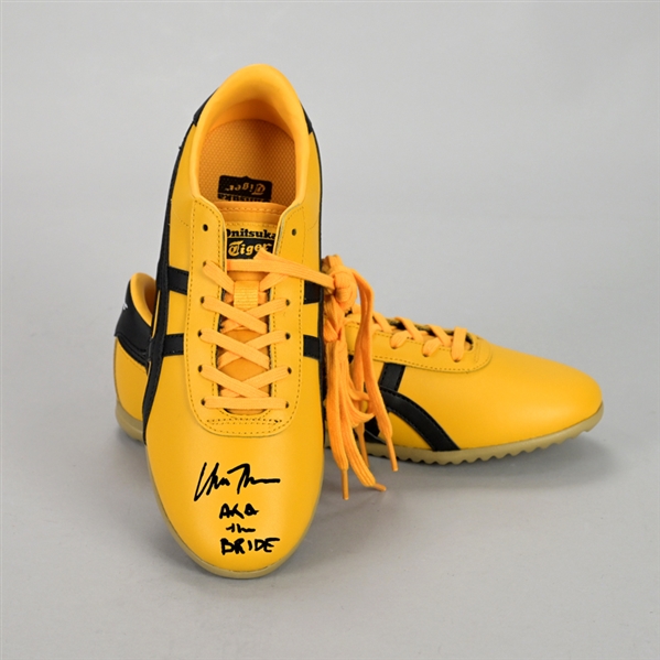Uma Thurman Autographed Onitsuka Tiger Kill Bill Yellow Leather Shoes with The Bride Inscription