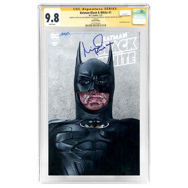 Michael Keaton Autographed 2021 Batman Black and White #1 Ash Gonzales Original Painted Cover CGC SS 9.8