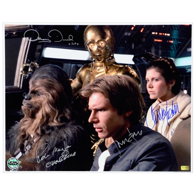 Harrison Ford, Carrie Fisher, Peter Mayhew and Anthony Daniels Autographed Star Wars: The Empire Strikes Back 16×20 Millennium Falcon Cockpit Photo