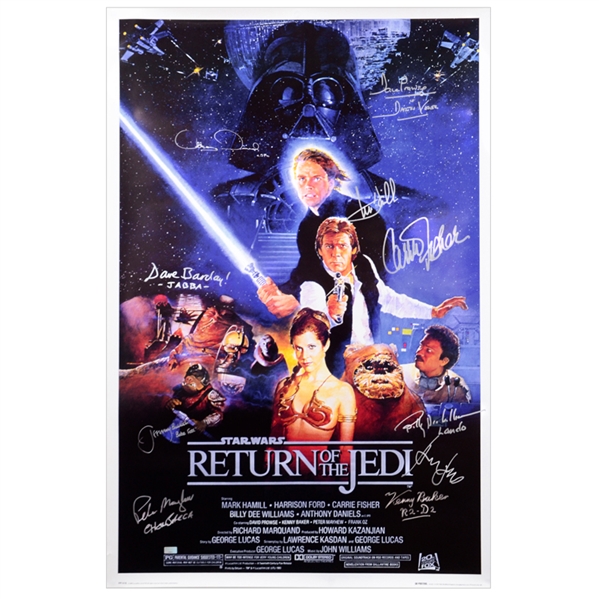 Harrison Ford, Carrie Fisher, Kenny Baker Star Wars Cast Autographed 24x36 Return of the Jedi Movie Poster