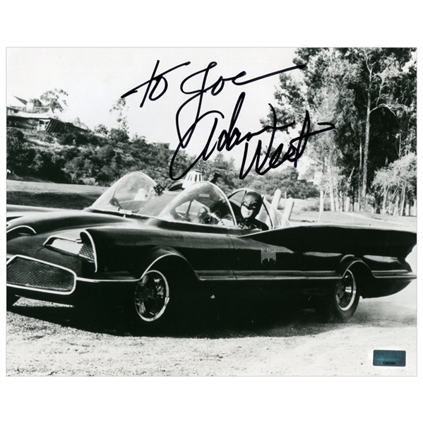 Adam West Autographed Black and White Batmobile 8x10 Photo
