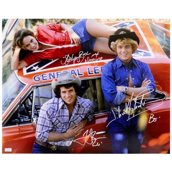 John Schneider, Tom Wopat and Catherine Bach Autographed 16x20 Dukes of Hazzard General Lee Photo