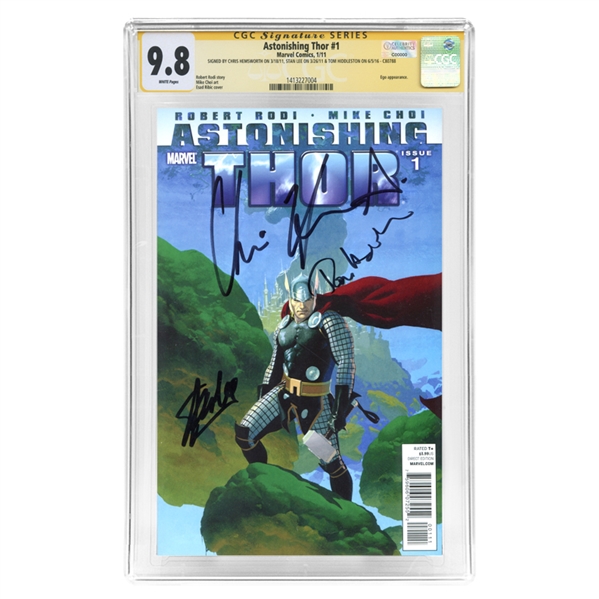 Chris Hemsworth, Tom Hiddleston and Stan Lee Autographed Astonishing Thor # 1 CGC SS 9.8 Comic