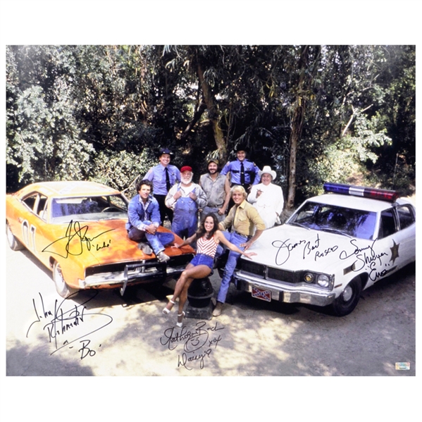 John Schneider, Tom Wopat, Catherine Bach, James Best and Sonny Shroyer Autographed 16x20 Dukes of Hazzard Photo