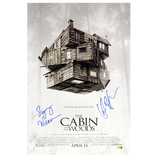 Chris Hemsworth and Sigourney Weaver Autographed 13.5×20 Cabin in the Woods Poster