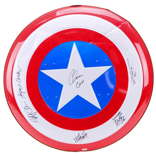 Chris Evans, Sebastian Stan, Anthony Mackie, Hayley Atwell, and Stan Lee Autographed Captain America 24" Battle Damaged Metal Shield