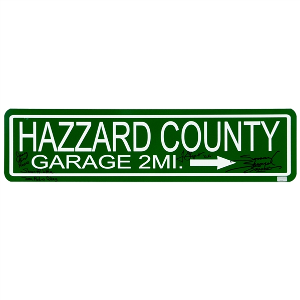 Tom Wopat, Sonny Shroyer, James Best and Don Pedro Colley Autographed Hazzard County Metal Sign