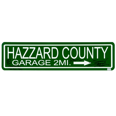 Tom Wopat, Sonny Shroyer, James Best and Don Pedro Colley Autographed Hazzard County Metal Sign