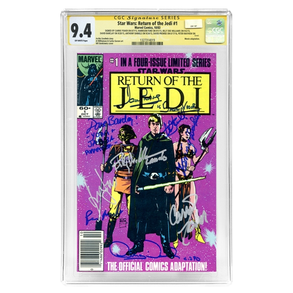 Harrison Ford, Mark Hamill, Carrie Fisher, Peter Mayhew, Kenny Baker, Anthony Daniels, Billy Dee Williams, David Prowse and David Barclay Autographed Star Wars: Return of the Jedi #1 CGC SS 9.4 Comic