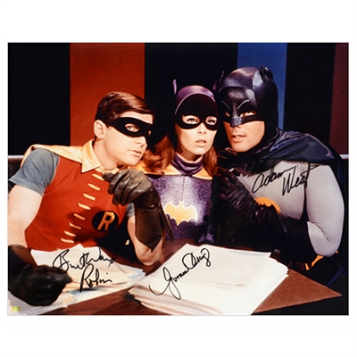 Adam West, Burt Ward and Yvonne Craig Autographed Batman 16×20 Master Plan Photo