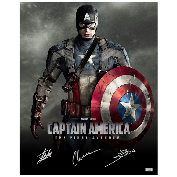 Chris Evans, Stan Lee and Joe Simon Autographed Captain America 16x20 The First Avenger Photo