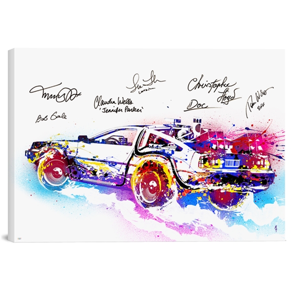 Michael J. Fox, Christopher Lloyd, Lea Thompson, Thomas Wilson, Claudia Wells and Bob Gale Autographed Back to the Future 30×42 Ferrari Editions Canvas