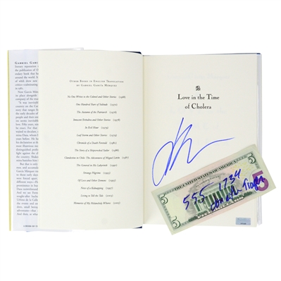John Cusack and Kate Beckinsale Autographed Serendipity Love in The Time of Cholera Book with Signed Five Dollar Bill