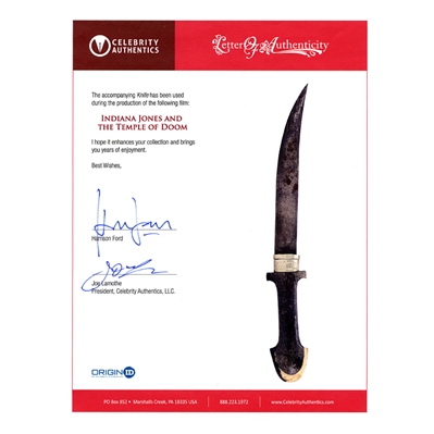 Indiana Jones & The Temple of Doom Screen Used Prop Knife with Harrison Ford Letter of Authenticity
