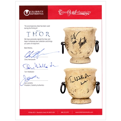 Chris Hemsworth, Tom Hiddleston, Stan Lee Autographed 2011 Thor Screen Used Prop Vase 