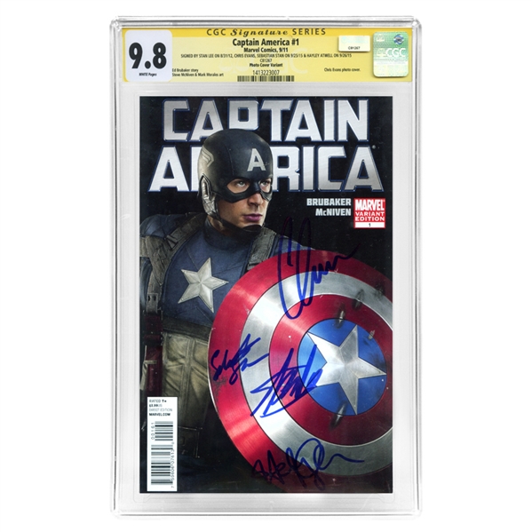 Chris Evans, Sebastian Stan, Hayley Attwell, Stan Lee Autographed Captain America #1 CGC SS 9.8 Mint with Photo Variant Cover