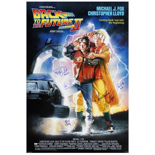 Michael J. Fox, Christopher Lloyd, Thomas Wilson, Lea Thompson and Bob Gale Autographed 27×40 Back to the Future Part II Poster