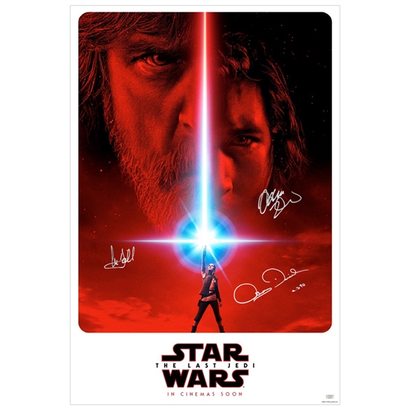Mark Hamill, Adam Driver, Anthony Daniels Autographed Star Wars The Last Jedi Original 27x40 Double-Sided Advance Movie Poster 