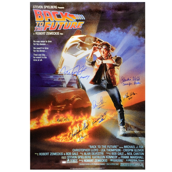 Michael J. Fox, Christopher Lloyd, Tom Wilson, Lea Thompson, Claudia Wells, Bob Gale Autographed 27x40 Back to the Future Poster with From One Doc to Another Inscription