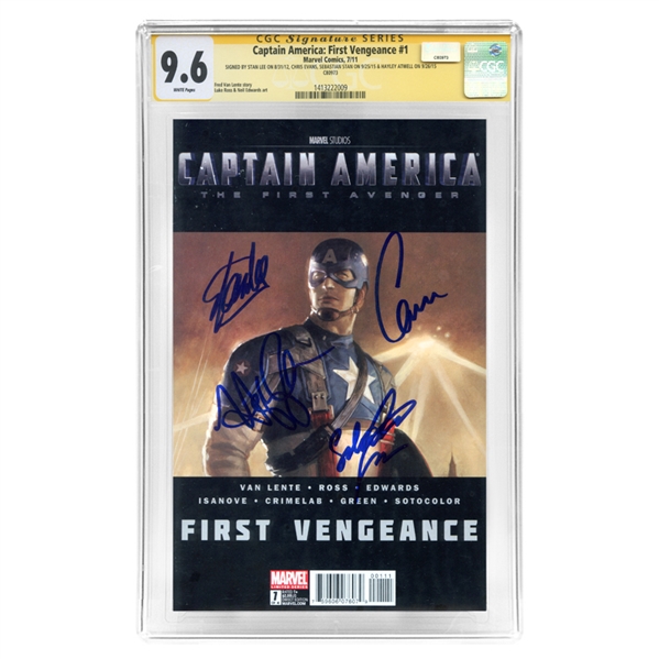 Chrs Evans, Sebastian Stan, Hayley Atwell, Stan Lee Captain America Cast Autographed Vengeance #1 CGC SS9.6