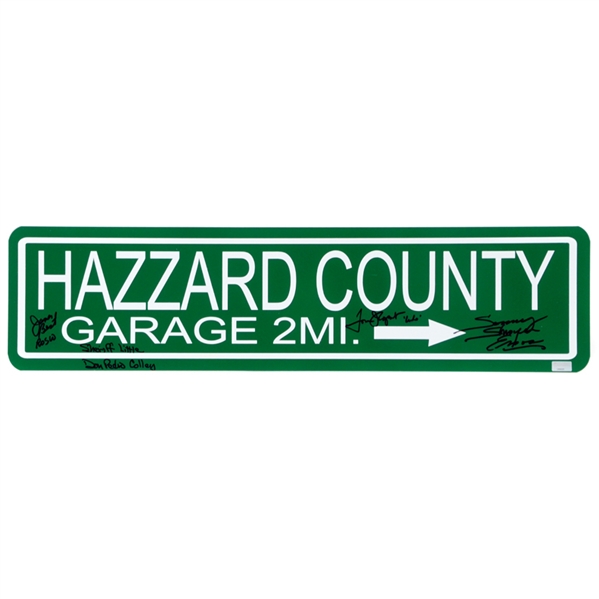 James Best, Don Pedro Colley, Sonny Shroyer, Tom Wopat Dukes of Hazzard Cast Autographed Metal Hazzard County Sign