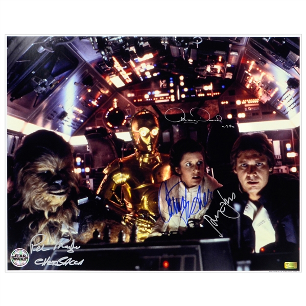 Harrison Ford, Carrie Fisher, Peter Mayhew and Anthony Daniels Autographed Star Wars 16x20 Escape From Hoth Photo