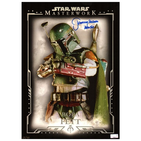 Jeremy Bulloch Autographed Star Wars Masterwork Boba Fett 10x15 Trading Card w/ Boba Fett Inscription 