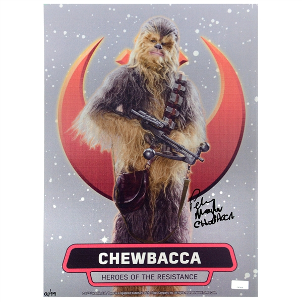 Peter Mayhew Autographed Topps Star Wars Chewbacca Heroes of the Resistance 10x14 Aluminum Poster #01/99