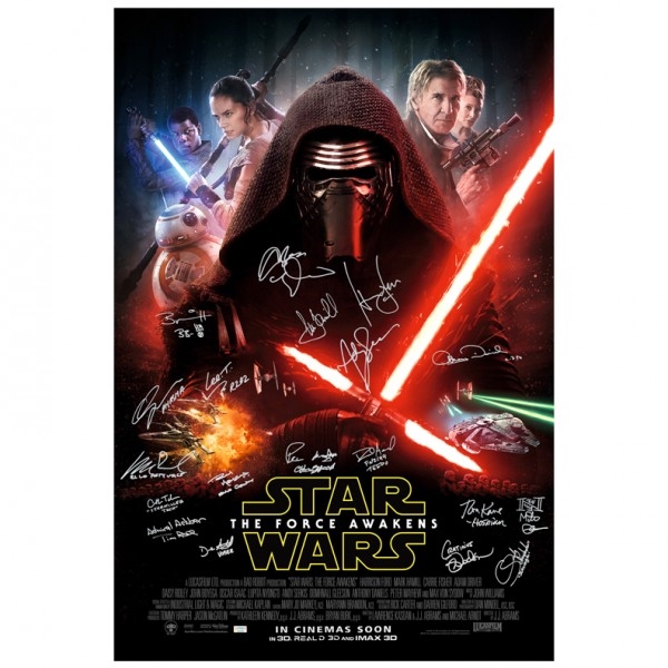 Harrison Ford, Mark Hamill, Adam Driver, Star Wars: The Force Awakens Cast Autographed 27×40 Original Double Sided International Poster * VERY RARE!