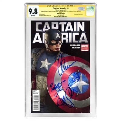 Chris Evans , Sebastian Stan, Hayley Atwell and Stan Lee Autographed CGC SS Signature Series 9.8 Captain America #1 Variant Comic
