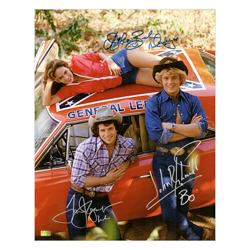 John Schneider, Tom Wopat and Catherine Bach Autographed 11×14 Dukes of Hazzard General Lee Photo