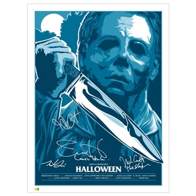 Jamie Lee Curtis, Nick Castle and John Carpenter Autographed 18×24 Halloween Silver Screen Edition Print