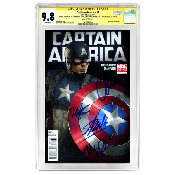 Chris Evans, Sebastian Stan, Hayley Atwell and Stan Lee Autographed CGC SS Signature Series 9.8 Captain America #1 with Photo Variant Cover